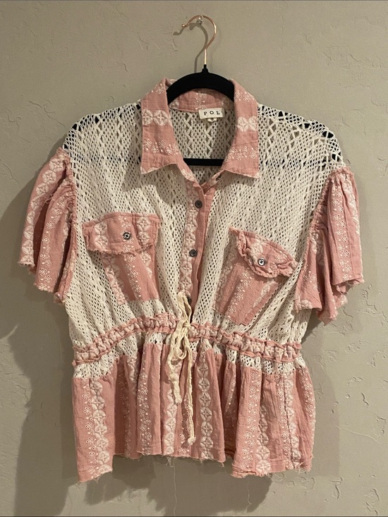 POL Tops - POL Pink and Cream Crochet Panel Shirt Sz. SM Oversized PTP 21 Length 22
